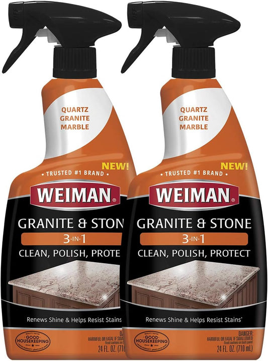 Weiman Granite Cleaner Polish and Protect 3 in 1 – 2 Pack – Streak-Free, pH Neutral Formula for Daily Use on Interior & Exterior Natural Stone